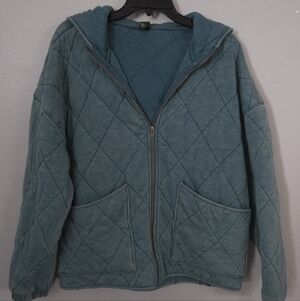 Wild Fable Women Quilted Zip Hoodie Jacket Teal Green Washed Free People Dupe